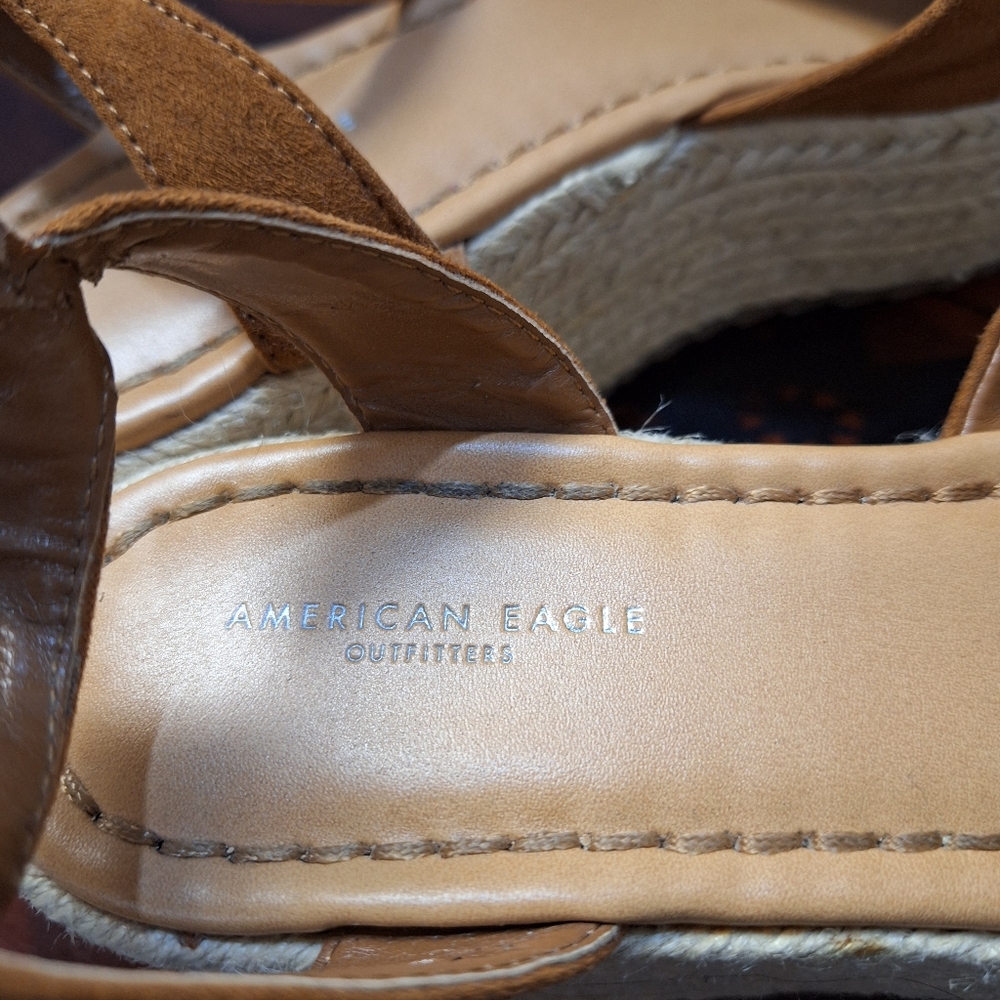 American Eagle Tan Faux Suede Open Toe Buckle Strap Platform Espadrilles Sandals - Picture 8 of 16
